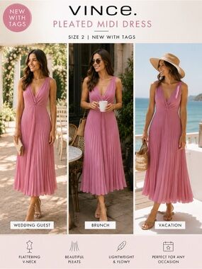 Vince NWT Dusty Pink Pleated Midi Dress Size 2 Wedding Guest Bridesmaid